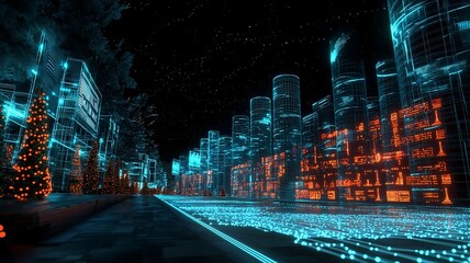 Poster - a detailed quantum simulation of economic forecasting with glowing virtual twin models displaying gd