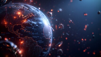 Poster - futuristic scene of quantum computing forecasting climate change impacts with holographic earth mode