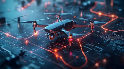 Poster - innovative visualization depicting a state of the art quantum computing powered drone surveillance s