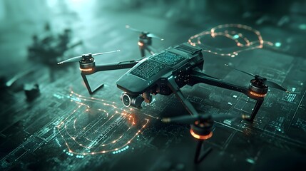 Poster - visualization of a quantum computing powered drone surveillance system showcasing glowing paths of p