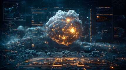 Poster - A high tech quantum simulation visualizing global nuclear threat scenarios with glowing heatmaps and virtual danger zones leaving copy space on the bottom right for text overlay