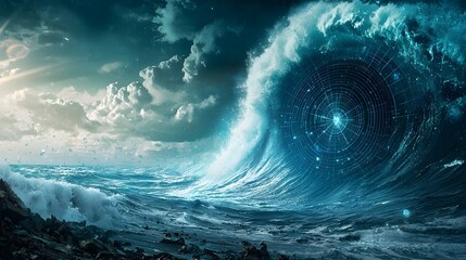 Poster - detailed quantum model depicting natural disaster defense systems predicting and visualizing the imp
