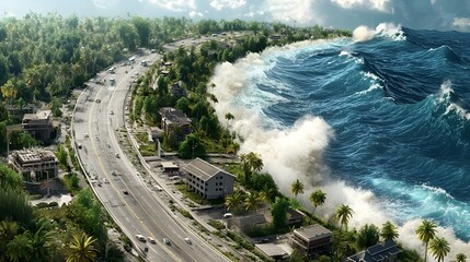 Poster - detailed quantum model predicting and visualizing tsunami or earthquake impacts for natural disaster