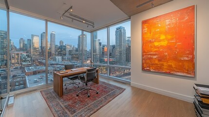 Poster - Modern office with city view and abstract artwork.