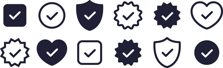 Check mark icons, security shield checkmark, heart love check icon, vector symbols with check mark. Official line and filled check mark icons. Vector illustration