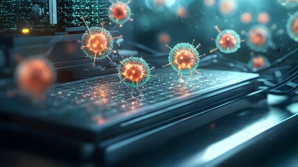 Poster - futuristic quantum computing system simulating real time stem cell therapy outcomes visualizing glow