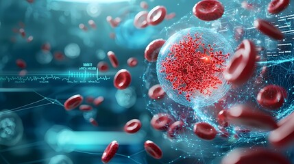 Poster - A virtual quantum model for diagnosing cardiovascular diseases featuring glowing blood flow simulations and risk analytics with ample copy space at the bottom for text overlay