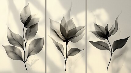 Canvas Print - Triptych of translucent grayscale floral illustrations with leaf shadows.