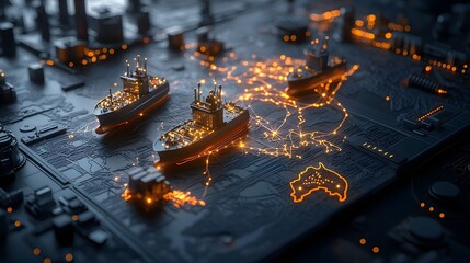 Poster - Futuristic virtual quantum model displaying glowing ship routes and port activities across a holographic world map with copy space on the right
