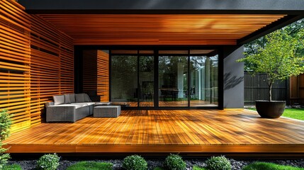 Poster - Modern deck with seating and glass doors.