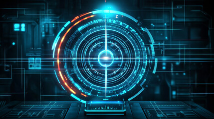 Poster - HUD aim control frame interface, futuristic target vector screen ui of Sci Fi game. Hologram dashboard panels with digital target crosshairs and neon viewfinder frame borders, vr head up display