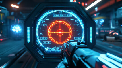 Poster - HUD aim control frame interface, futuristic target vector screen ui of Sci Fi game. Hologram dashboard panels with digital target crosshairs and neon viewfinder frame borders, vr head up display