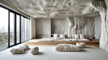 Poster - Minimalist room with natural textures and cozy seating.