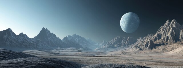 craggy mountains and distant planets illuminate a unique extraterrestrial landscape at twilight