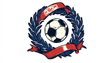 Fototapete - Football Club label established in 1927 with a foliate wreath enclosing football or soccer logo ball with red and blue ribbons. Text 