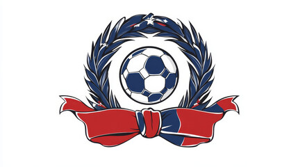 Fototapete - Football Club label established in 1927 with a foliate wreath enclosing football or soccer logo ball with red and blue ribbons. Text 
