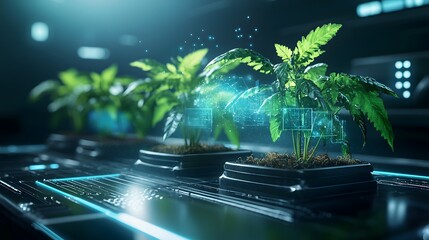 Poster - futuristic smart farm featuring quantum computing technology glowing holographic crop simulations