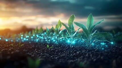 Poster - futuristic smart farm integrated with quantum computing featuring glowing holographic crop simulatio