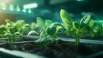 Poster - futuristic quantum enhanced smart greenhouse featuring glowing holograms of plant growth stages and 
