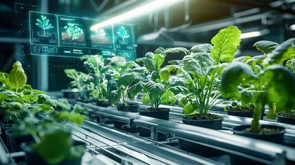 Poster - a cutting edge futuristic smart greenhouse featuring quantum enhanced technology with glowing hologr