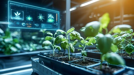 Poster - a cutting edge smart greenhouse powered by quantum technology featuring glowing holograms that displ
