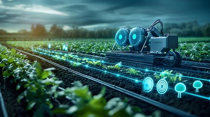 Poster - quantum computing powering smart farming innovations with glowing data visualizations and holographi