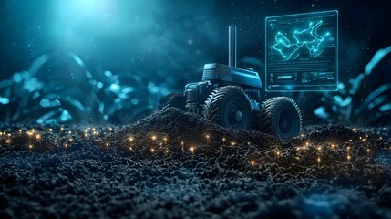 Poster - futuristic quantum computing system optimizing fertilizer usage in smart farming with glowing hologr