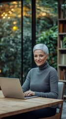 Aufkleber - Confident woman working on laptop in a modern coworking space surrounded by greenery during the afternoon