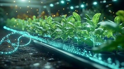 Poster - virtual quantum model analyzing genetic optimization in smart farming with glowing holographic crops