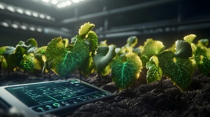 Poster - a futuristic smart vineyard managed by quantum computing technology displaying glowing grape growth 