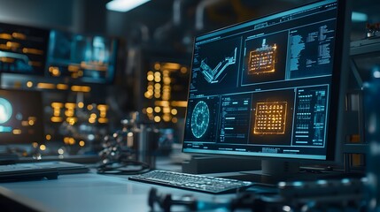 Poster - A high tech vaccine production facility utilizing quantum computing technology displaying glowing holographic visualizations of the various stages of pharmaceutical manufacturing  The modern