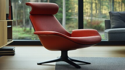 Poster - Modern red lounge chair in a serene living space.