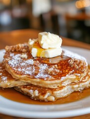 Poster - Delicious close-up view of fluffy pancakes topped with butter and maple syrup served on a rustic wooden table