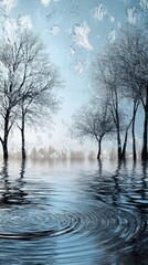 Poster - Cool-toned rippling water reflects icy blue hues along a serene landscape at dawn