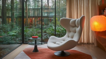 Poster - Cozy lounge area with modern chair and lush greenery.