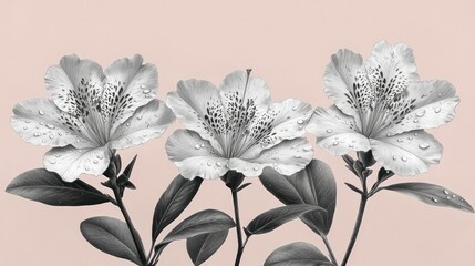 Poster - Black and white flowers with water droplets on pink background.