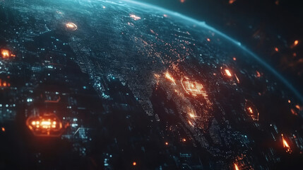 Poster - HUD UI, futuristic user interface and infographics with danger, warning alert signs, vector screen controls. HUD digital technology or cyber game dashboard with red radar and controls on world map
