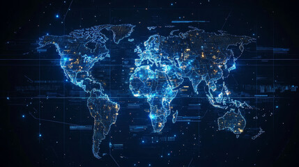 Poster - HUD UI, futuristic user interface and infographics with danger, warning alert signs, vector screen controls. HUD digital technology or cyber game dashboard with red radar and controls on world map