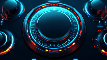 Poster - HUD dial interface, volume round knob switch and music sound control regulators. Vector head up display digital buttons of Sci Fi or futuristic game UI, sound level knobs with max min scales
