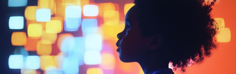 Poster - Vibrant visualization of a child glowing in a colorful light display during an evening event