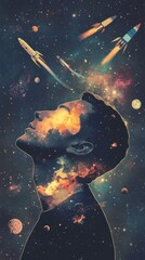 Aufkleber - Vibrant visualization of a man's profile with cosmic imagery and rockets soaring in a colorful galaxy
