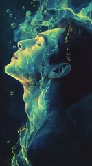 Poster - Vibrant illustration of a man's profile surrounded by bubbles and colorful swirls underwater