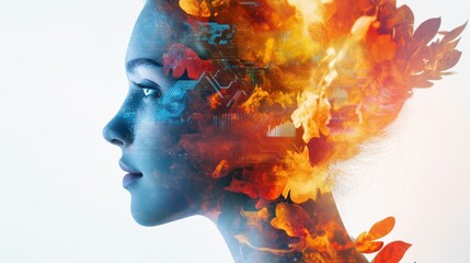 Poster - Vibrant double exposure featuring a woman's profile with fiery and technological elements blending together