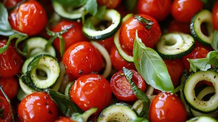Aufkleber - Vegetarian pasta salad with roasted cherry tomatoes and fresh basil ready for serving at a summer picnic