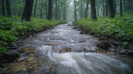 Wall Mural - Misty forest stream flowing through lush green foliage.