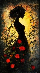 Poster - Serene portrait of a woman surrounded by beautiful roses under a warm golden light
