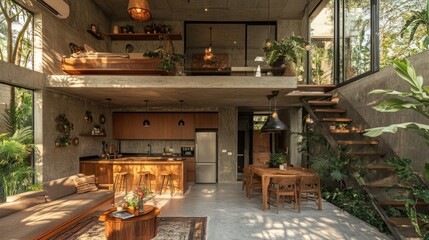 Poster - Modern open-concept living space with greenery.