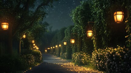 Poster - Serene countryside road illuminated by lanterns and lined with blooming flowers amidst tranquil night