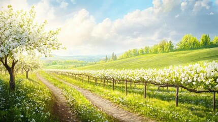 Poster - Picturesque vineyard in spring bloom showcasing lush greenery and vibrant blossoms under a bright blue sky