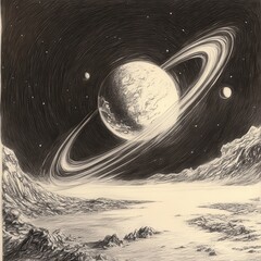 Poster - Distant exoplanet with rings and moons in a pencil drawing, depicting a rugged landscape and cosmic beauty